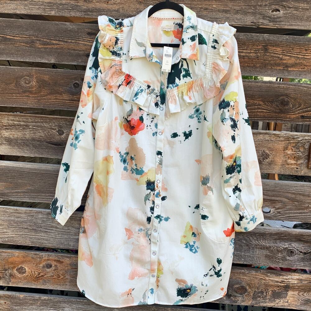NEW Anthropologie Pilcro Shirt Dress Floral LongSleeve Ruffled Mini Size 1X Plus - Picture 1 of 10